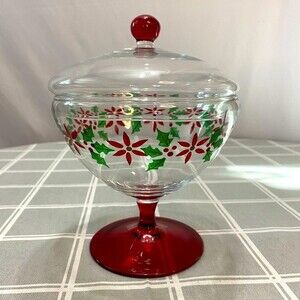 Vintage Christmas Glass Pedestal Candy Dish Lid Poinsettia Holly Leaves 7”